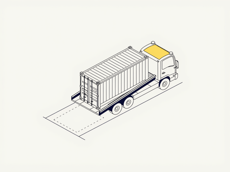 Isometric line drawing of a tilt-tray truck reloading a shipping container up its tilted flatbed.